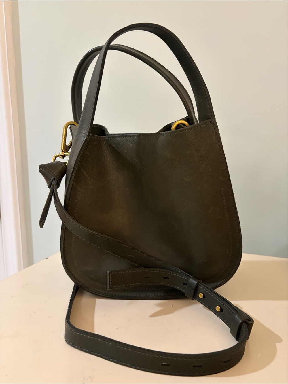 Minimalist Dark Olive Leather Shoulder Bag